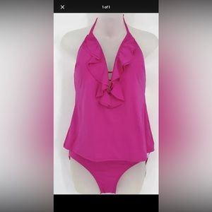 Michael Kors Cruise 2019 2-Piece Tankini Swimsuit Halter Ruffle Electric Pink Xs